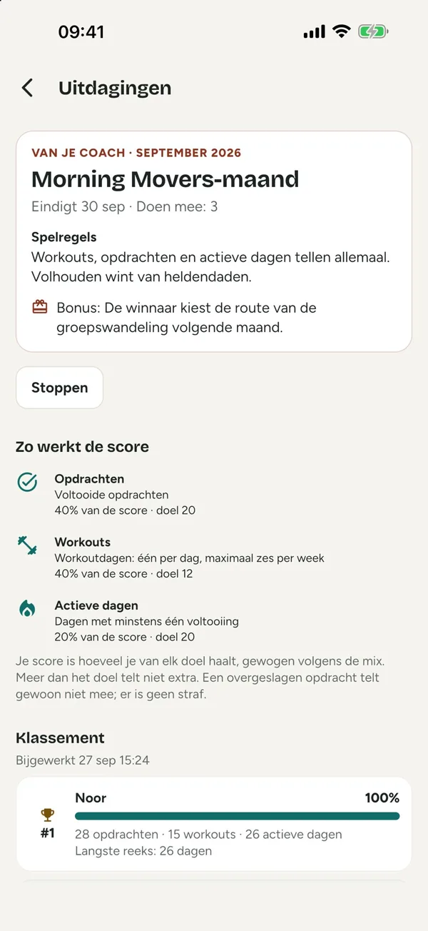 Een maandchallenge met spelregels, de score en het klassement