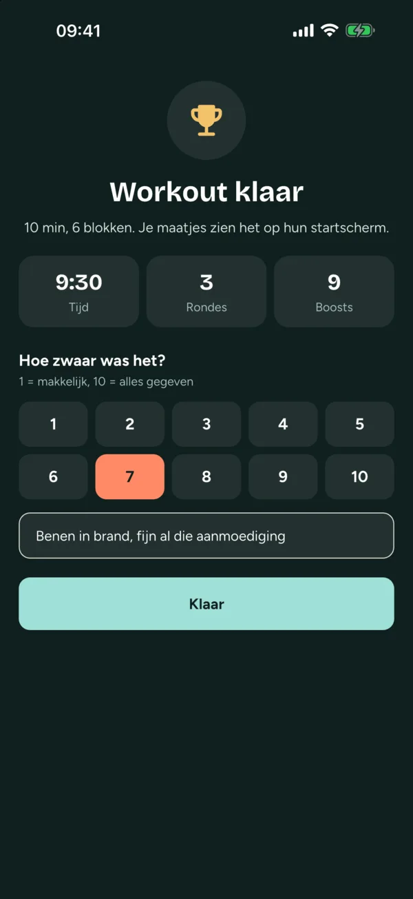Workout klaar: tijd, rondes en aanmoedigingen, en hoe zwaar het was